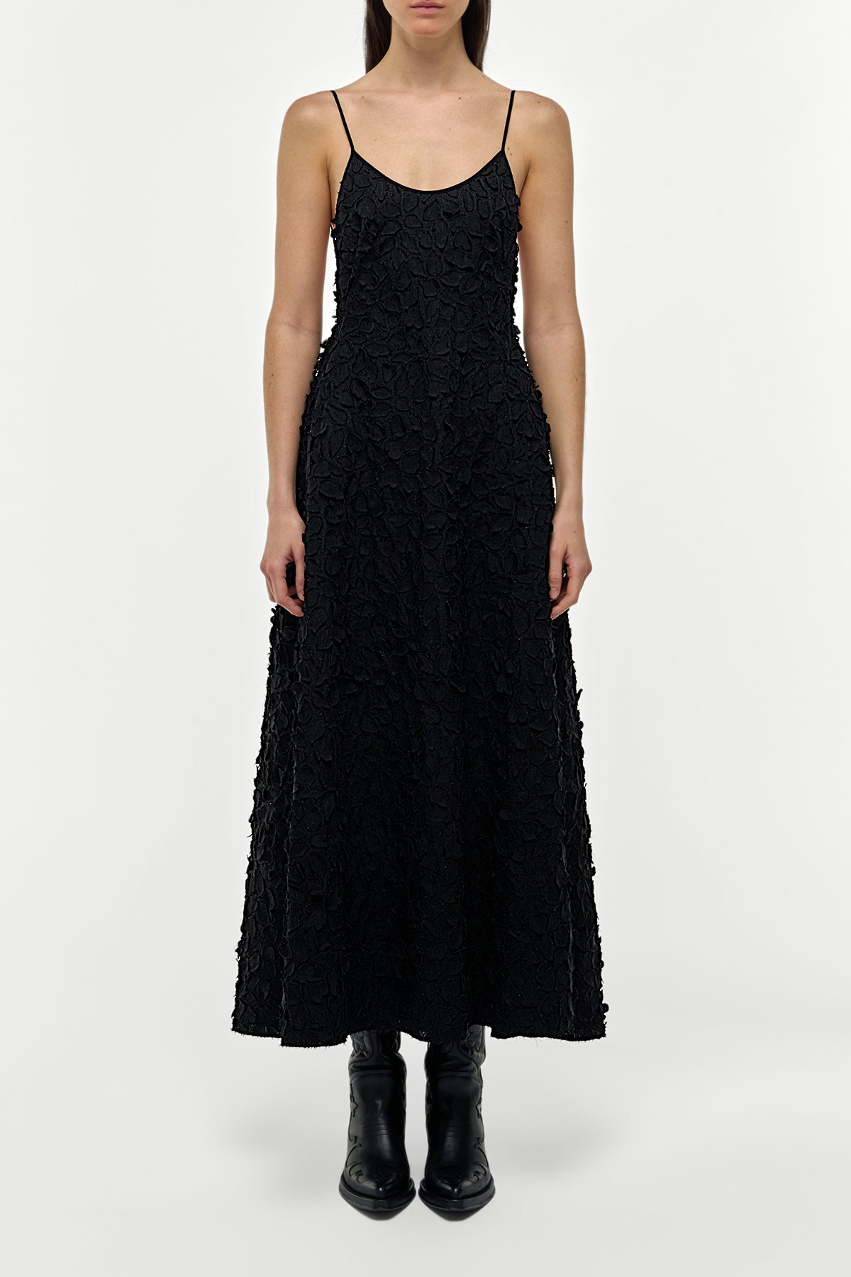 Nexus Embroidered Leaves Dress in Black Linen