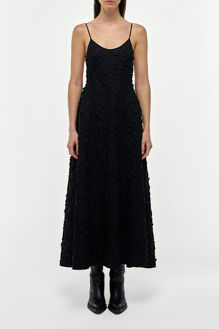 Nexus Embroidered Leaves Dress in Black Linen