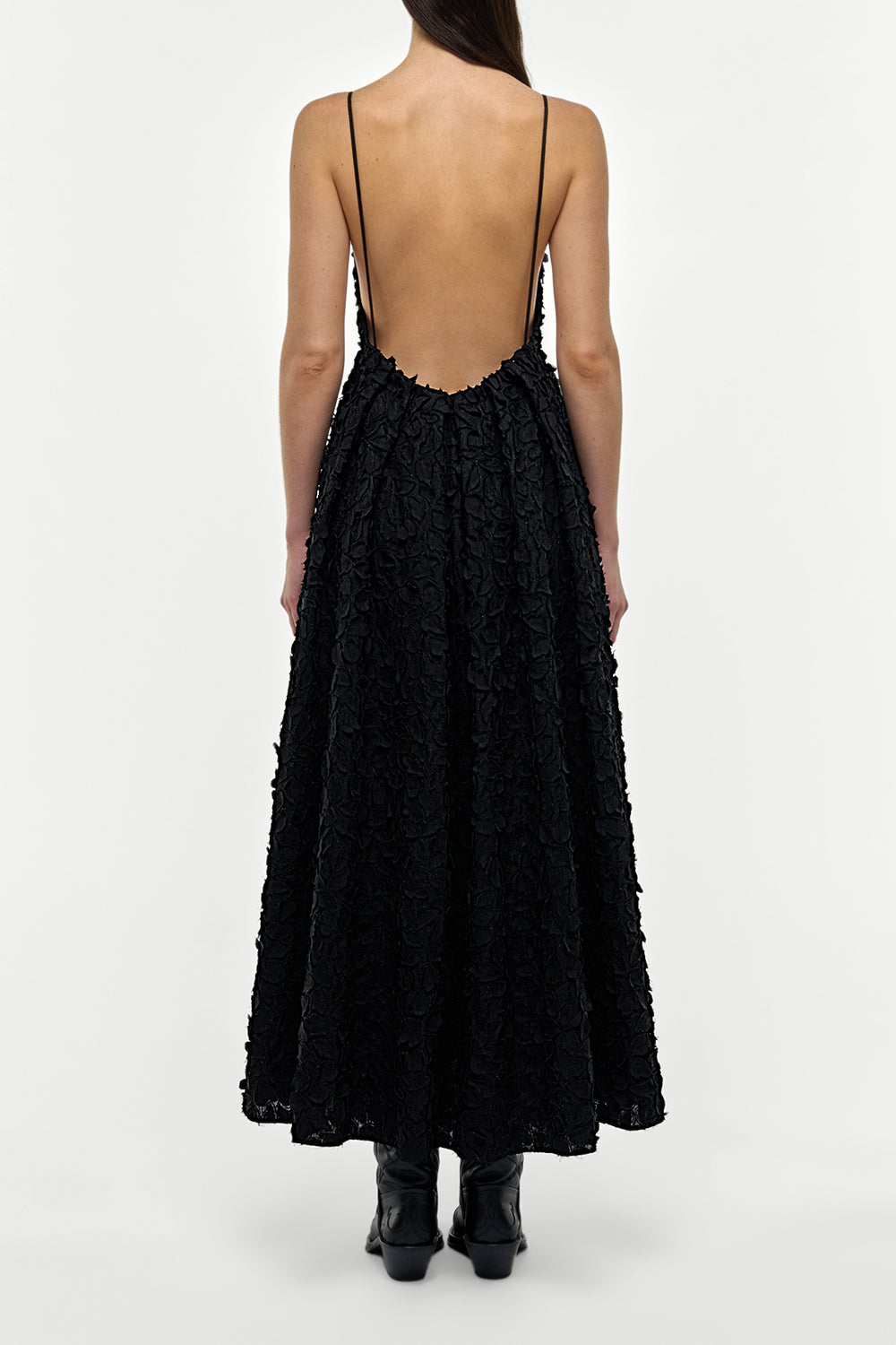 Nexus Embroidered Leaves Dress in Black Linen