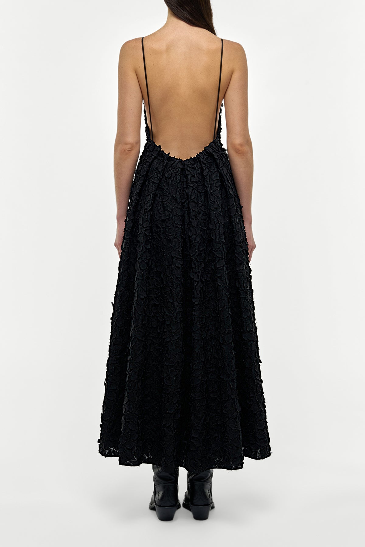 Nexus Embroidered Leaves Dress in Black Linen