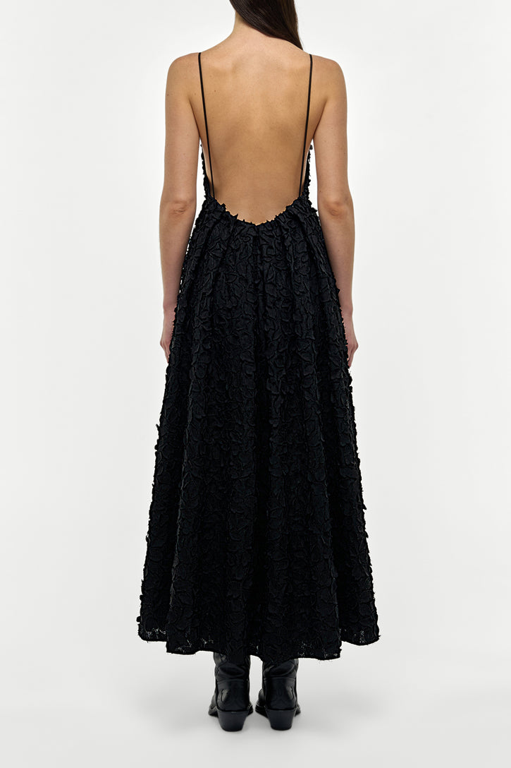 Nexus Embroidered Leaves Dress in Black Linen