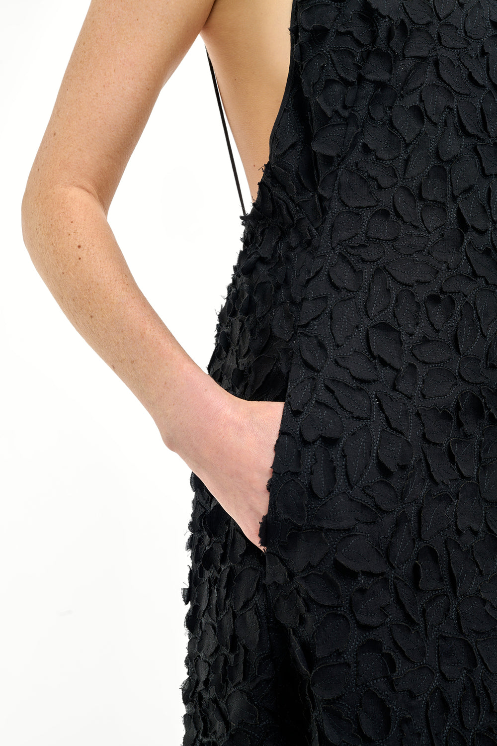 Nexus Embroidered Leaves Dress in Black Linen
