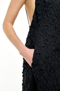 Nexus Embroidered Leaves Dress in Black Linen