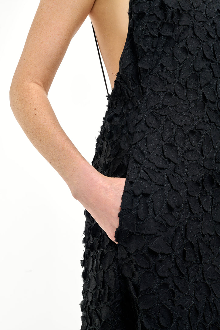 Nexus Embroidered Leaves Dress in Black Linen