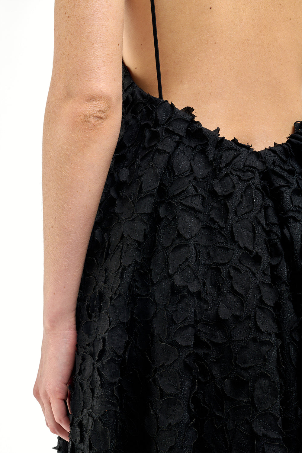 Nexus Embroidered Leaves Dress in Black Linen
