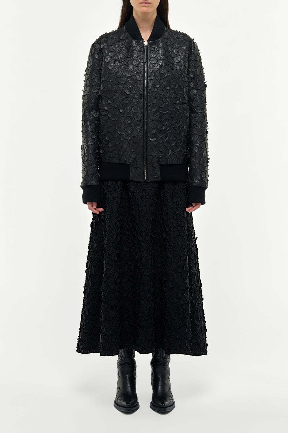 Winslow Embroidered Leaves Bomber in Black Leather