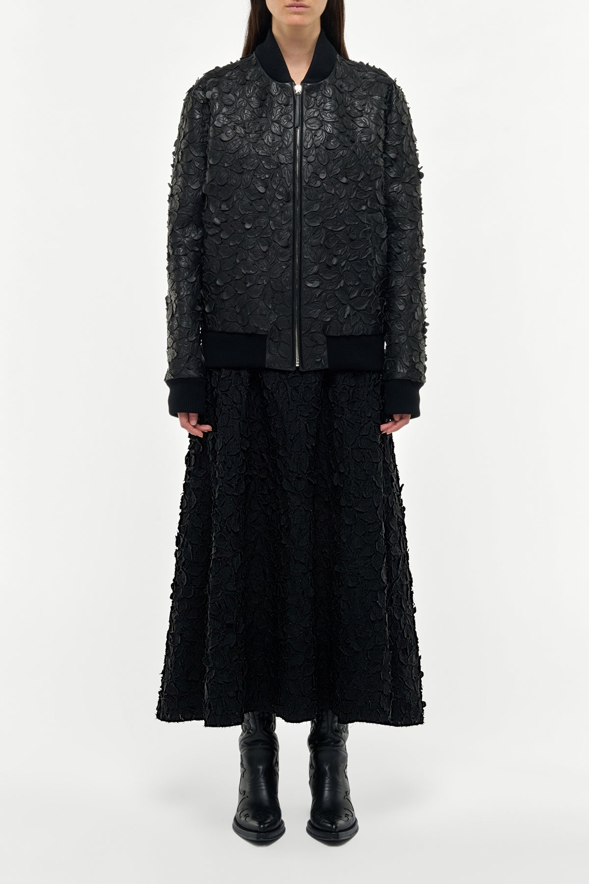 Winslow Embroidered Leaves Bomber in Black Leather