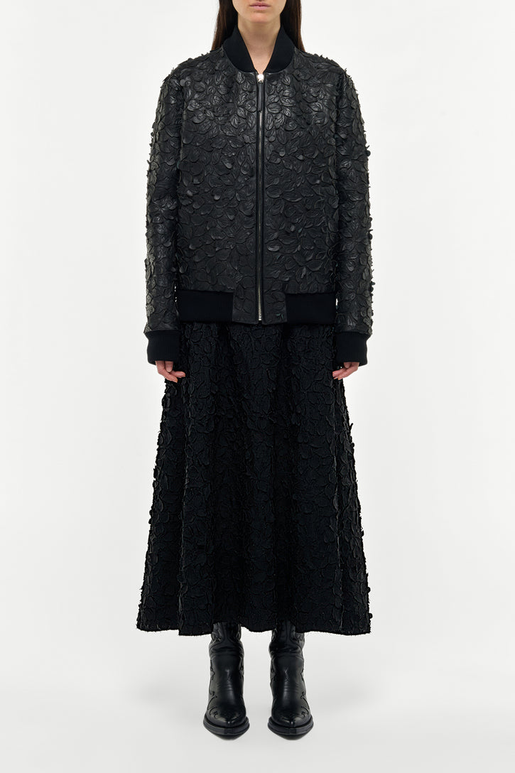 Winslow Embroidered Leaves Bomber in Black Leather