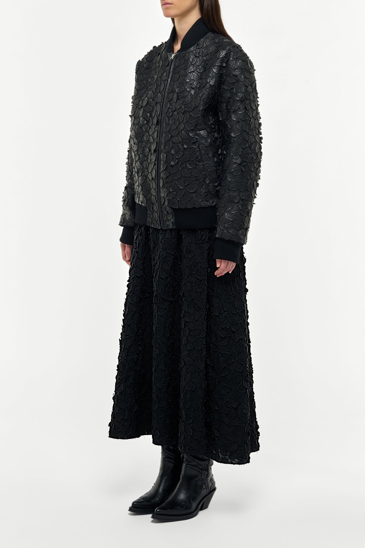 Winslow Embroidered Leaves Bomber in Black Leather