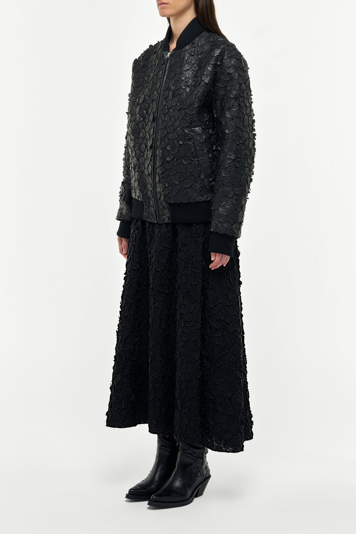 Winslow Embroidered Leaves Bomber in Black Leather