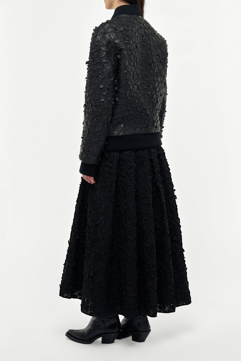 Winslow Embroidered Leaves Bomber in Black Leather