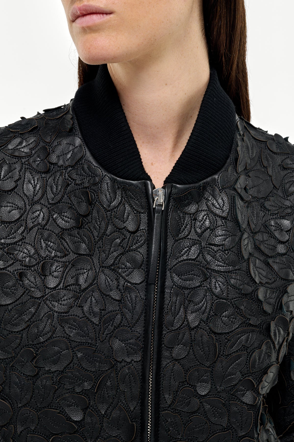 Winslow Embroidered Leaves Bomber in Black Leather