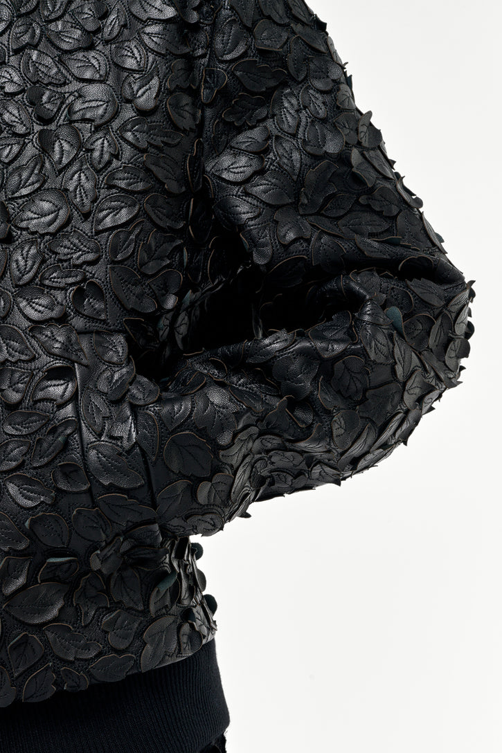 Winslow Embroidered Leaves Bomber in Black Leather
