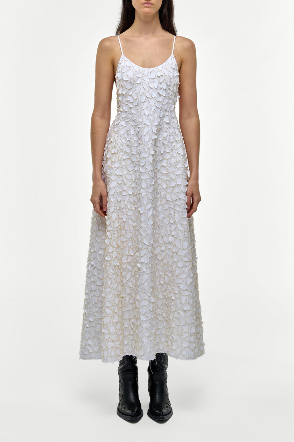 Nexus Embroidered Leaves Maxi Dress in Ivory Linen