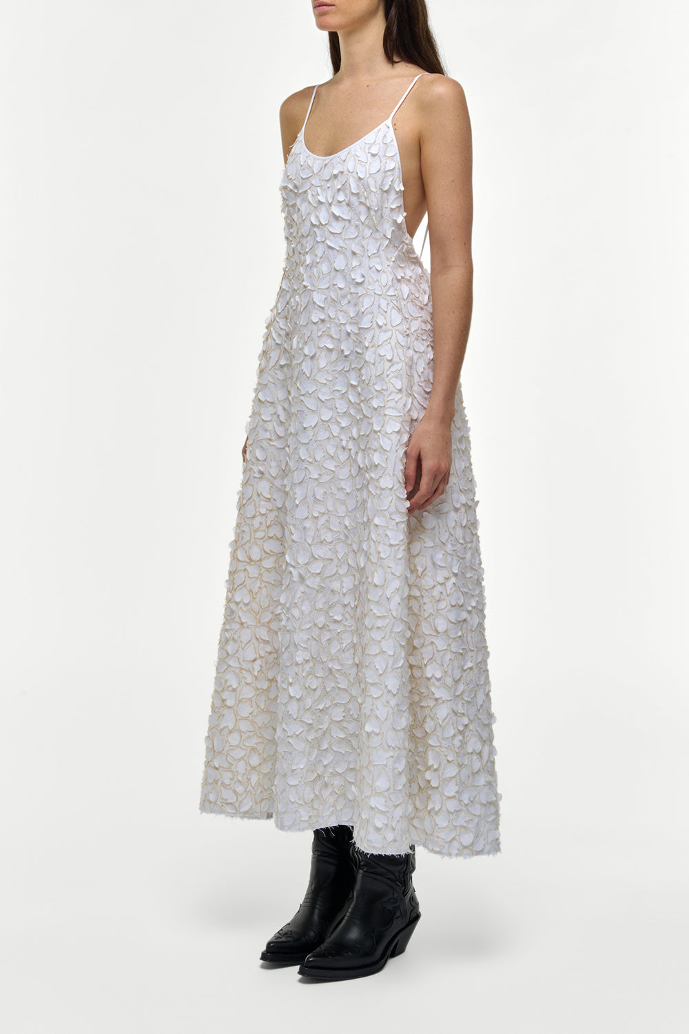 Nexus Embroidered Leaves Maxi Dress in Ivory Linen
