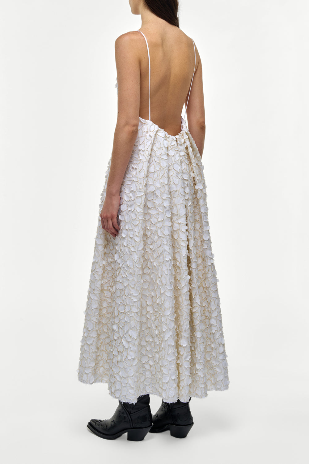 Nexus Embroidered Leaves Maxi Dress in Ivory Linen