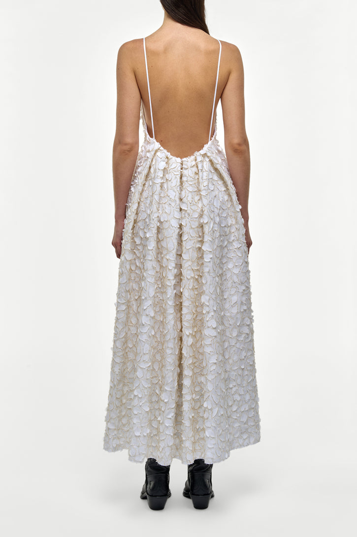 Nexus Embroidered Leaves Maxi Dress in Ivory Linen