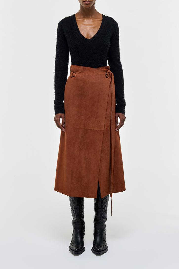 Idalia Midi Skirt in Cognac Suede