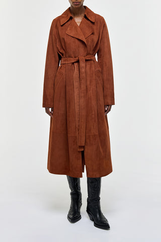 Cognac Suede Lyra Trench Coat - On Model Front View | Gabriela Hearst