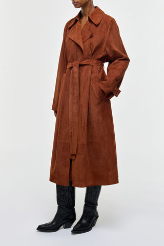 Cognac Suede Lyra Trench Coat - On Model Side Angle | Gabriela Hearst