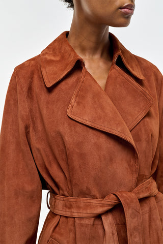 Cognac Suede Trench Coat - Lapel and Collar Detail Close-Up | Gabriela Hearst