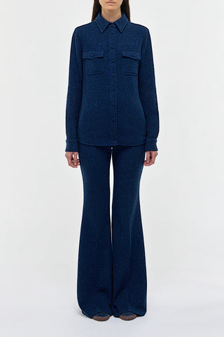Electric Navy Speckled Cashmere Shirt Styled Look - Front On Model | Gabriela Hearst