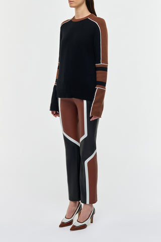 Navarre Cognac & Black Leather Moto Pant - Side Profile On Model, Color-Block Paneling | Gabriela Hearst