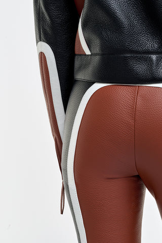 Navarre Leather Moto Pant Close-Up, Cognac & Black Deerskin Texture and Color-Block Seam | Gabriela Hearst