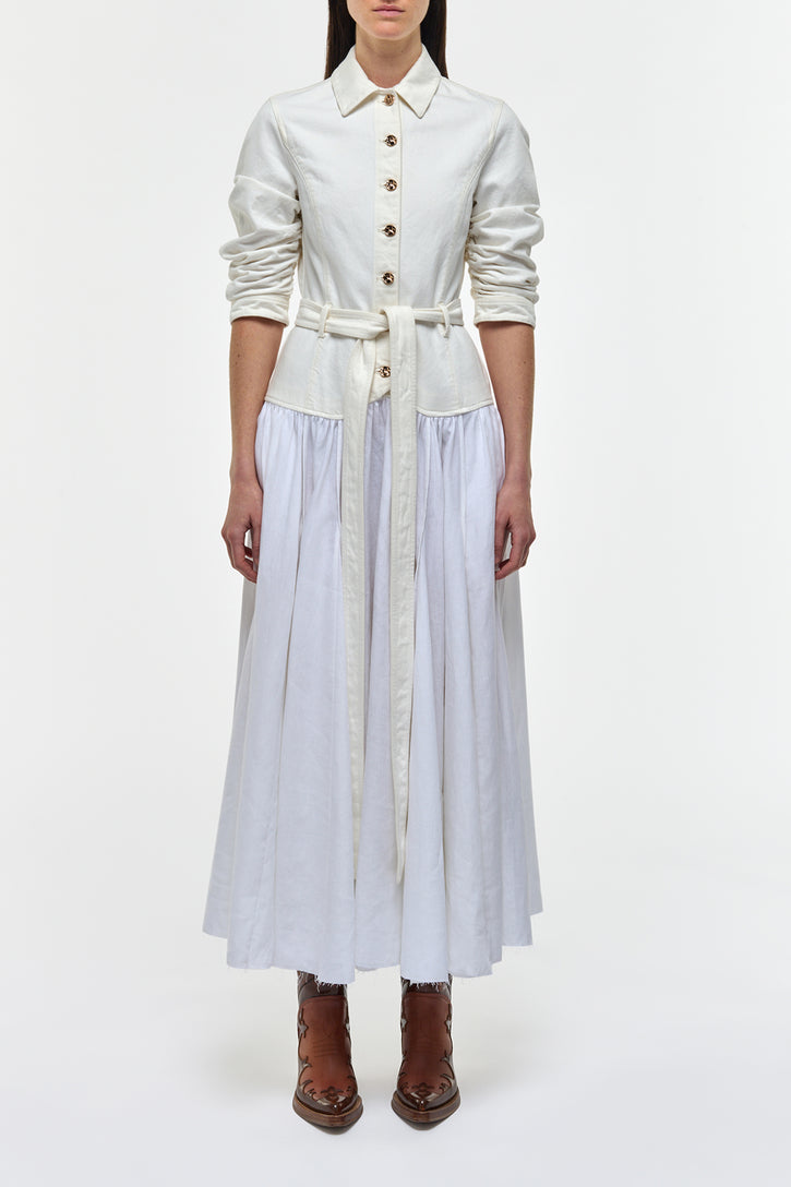 Delyth Shirtdress in White Recycled Cotton Denim & Linen