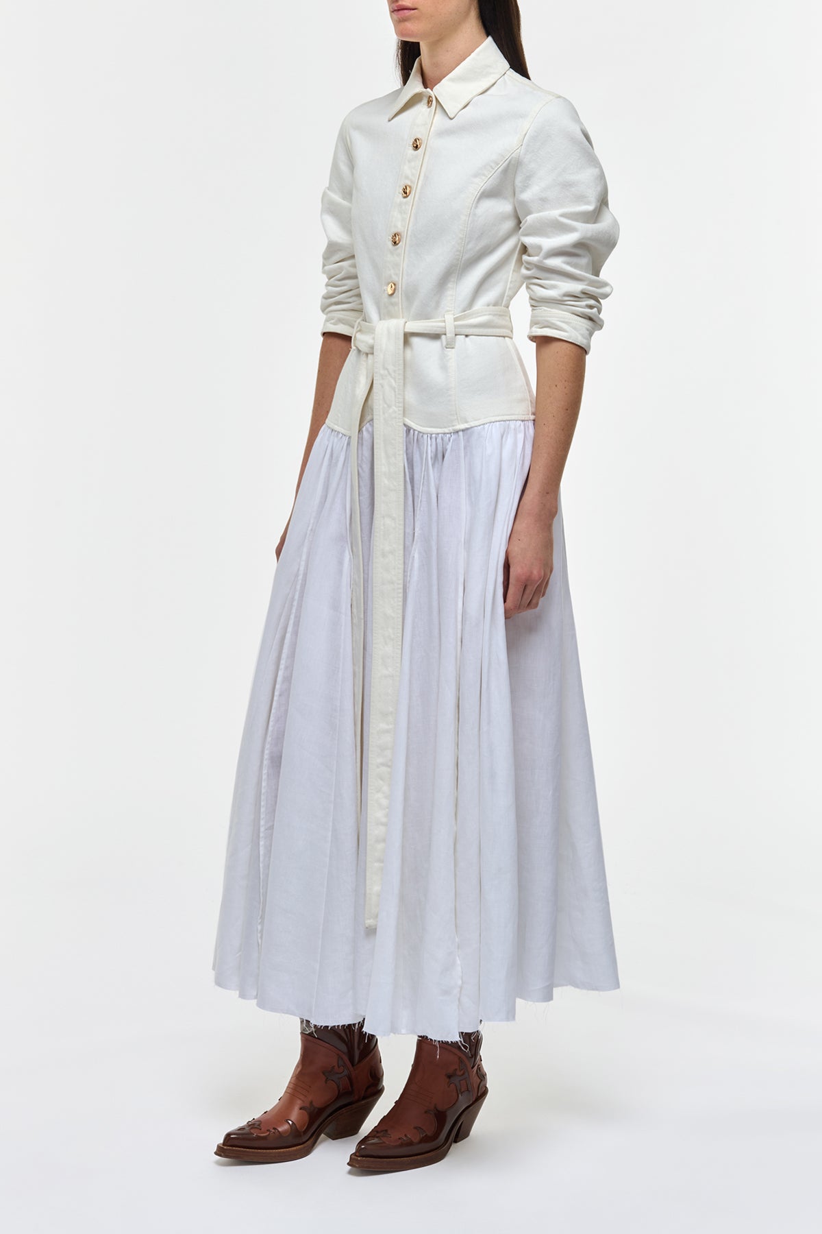Delyth Shirtdress in White Recycled Cotton Denim & Linen