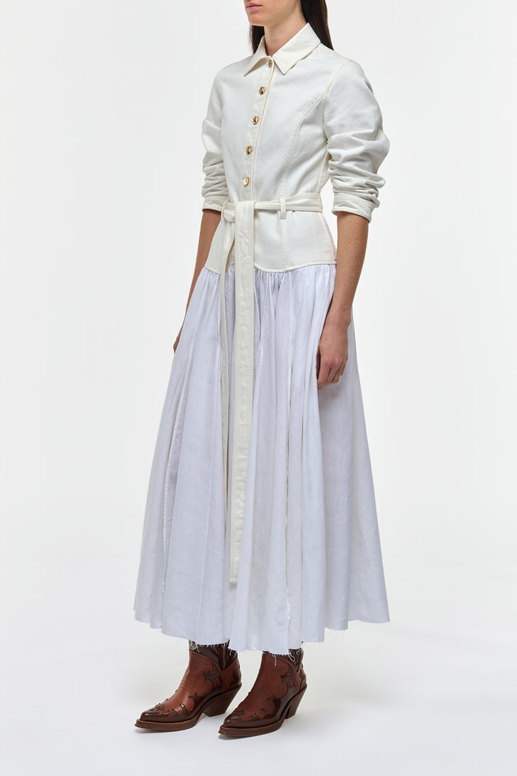 Delyth Shirtdress in White Recycled Cotton Denim & Linen