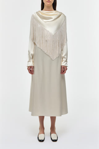 Ivory Silk Satin Rouge Fringe Scarf Dress - Full Front View On Model | Gabriela Hearst