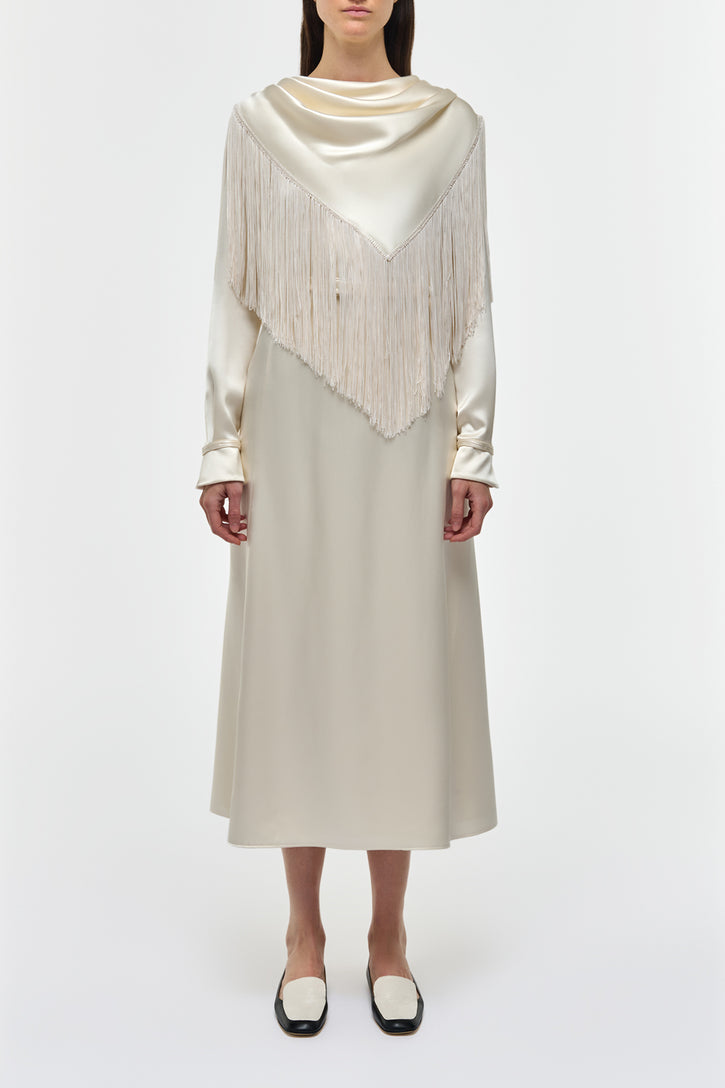 Rouge Fringe Scarf Dress in Ivory Silk