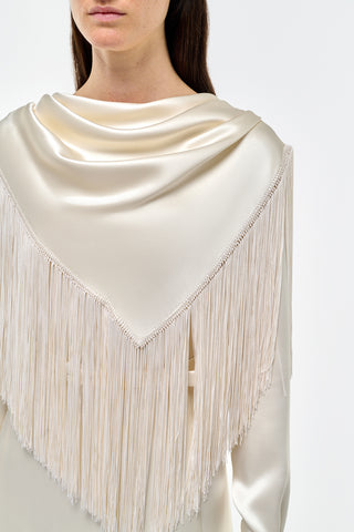 Ivory Silk Satin Rouge Fringe Scarf Dress - Cowl Neck Fringe Detail | Gabriela Hearst