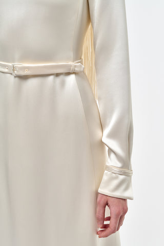 Ivory Silk Satin Rouge Fringe Scarf Dress - Silk Belt Detail Close-Up | Gabriela Hearst
