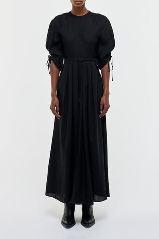 Black Aloe Linen Linnea Maxi Dress - On Model Front View with Belted Waist | Gabriela Hearst