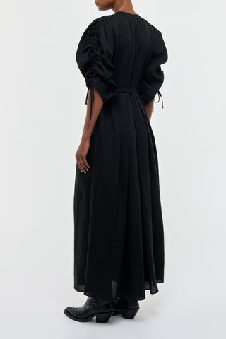 Black Aloe Linen Linnea Maxi Dress - On Model Back View, Ruched Sleeve Detail | Gabriela Hearst