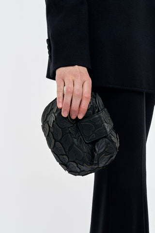 Soft Demi Embroidered Leaves Clutch in Black Nappa Leather