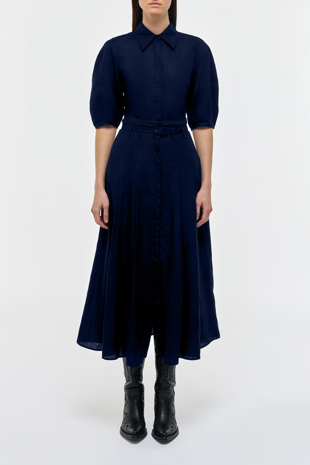 Dugald Pleated Midi Skirt in Electric Navy AloeLinen