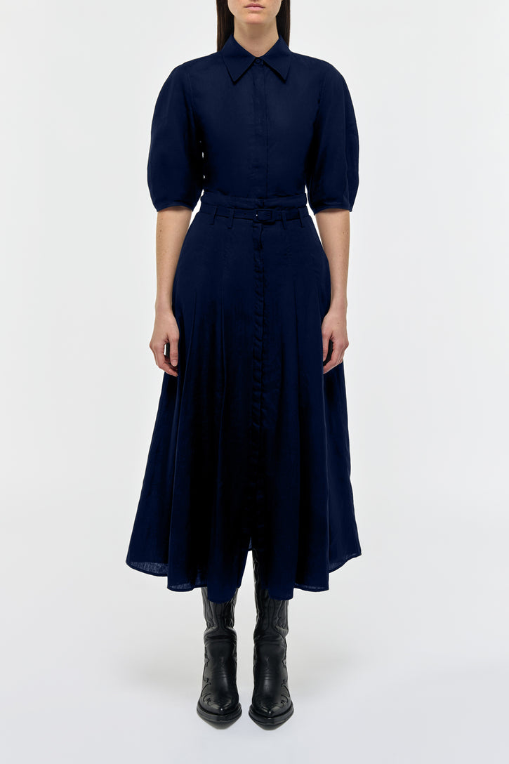 Dugald Pleated Midi Skirt in Electric Navy AloeLinen