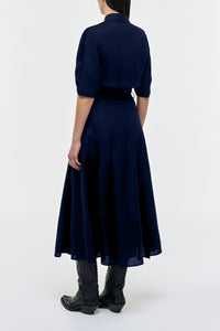 Dugald Pleated Midi Skirt in Electric Navy AloeLinen