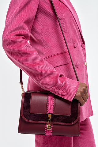 Small Leonora Flap Embroidered Bag in Bordeaux Nappa Leather