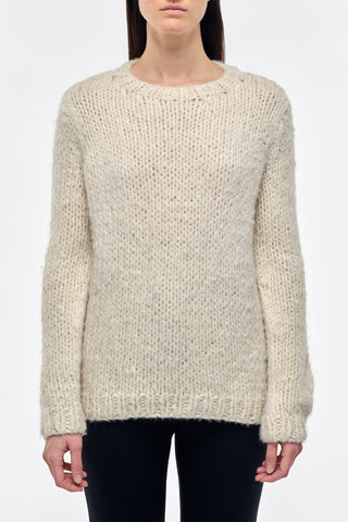 Ivory Welfat Cashmere Lawrence Knit Sweater - Front View On Model, Handknit Luxury Knitwear | Gabriela Hearst