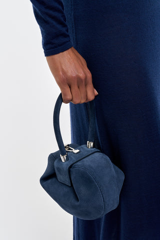 Navy Corduroy Demi Bag - On Model in Blue Dress | Gabriela Hearst