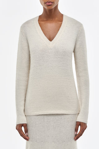 Isiah Knit V-Neck Sweater in Ivory Cashmere