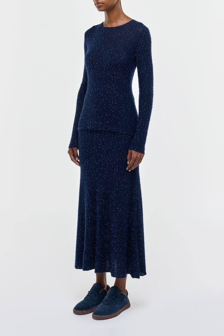 Sabine Knit Midi Skirt in Electric Navy & Cobalt Beaded Cashmere Silk