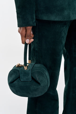 English Green Suede Corduroy Demi Bag - Styled Look | Gabriela Hearst