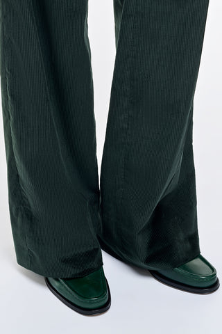 English Green Corduroy Vesta Flare Pants Hem Detail - Close Up | Gabriela Hearst