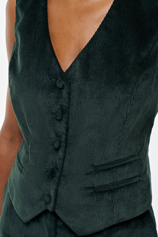 English Green Corduroy Coleridge Vest Button Detail - Close Up View | Gabriela Hearst