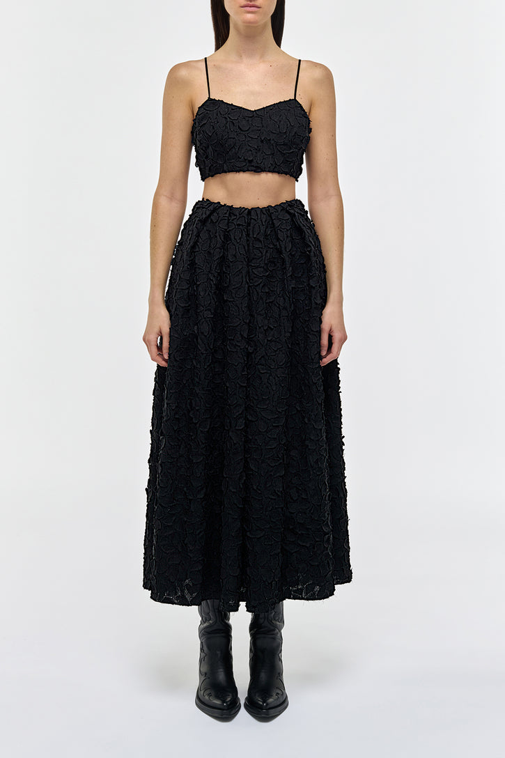 Zelia Embroidered Leaves Maxi Skirt in Black Linen